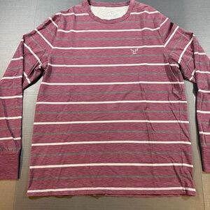 American Eagle Men's Striped Long-Sleeve Crewneck Shirt - Burgundy